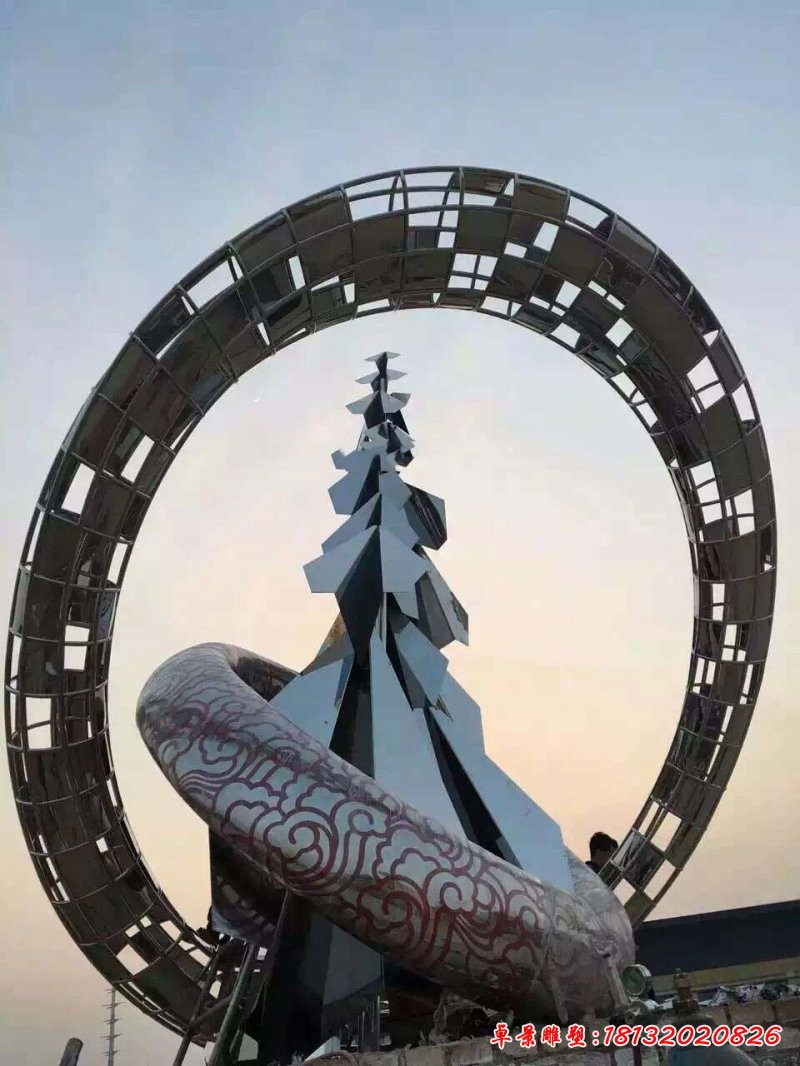 不銹鋼抽象祥云和松樹(shù)雕塑