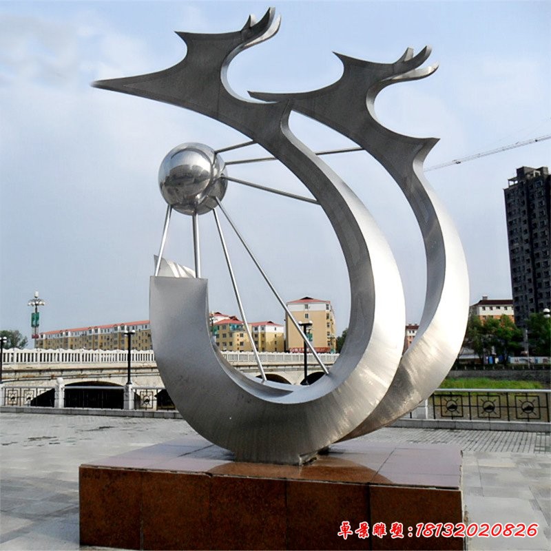 城市不銹鋼抽象雙龍戲珠雕塑