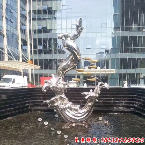 不銹鋼抽象浪花魚群雕塑