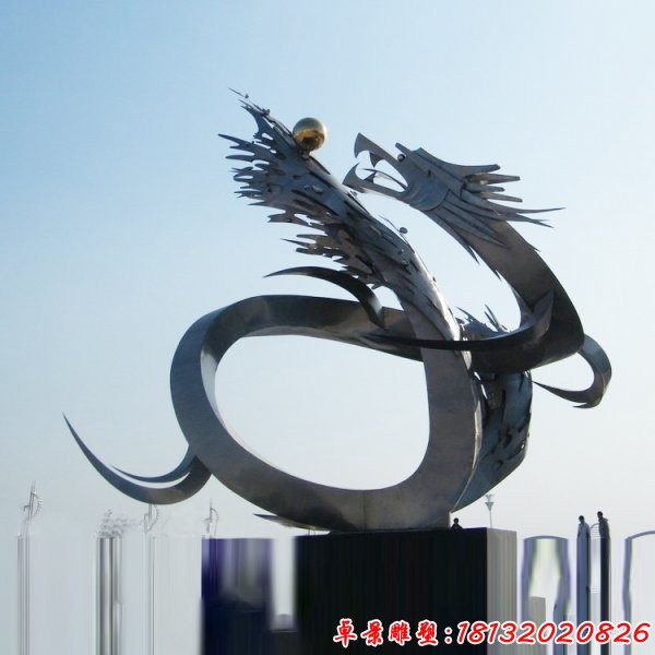 不銹鋼龍戲球雕塑