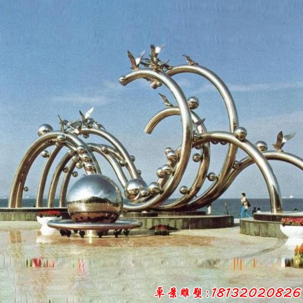 海邊抽象不銹鋼海浪和海鷗雕塑