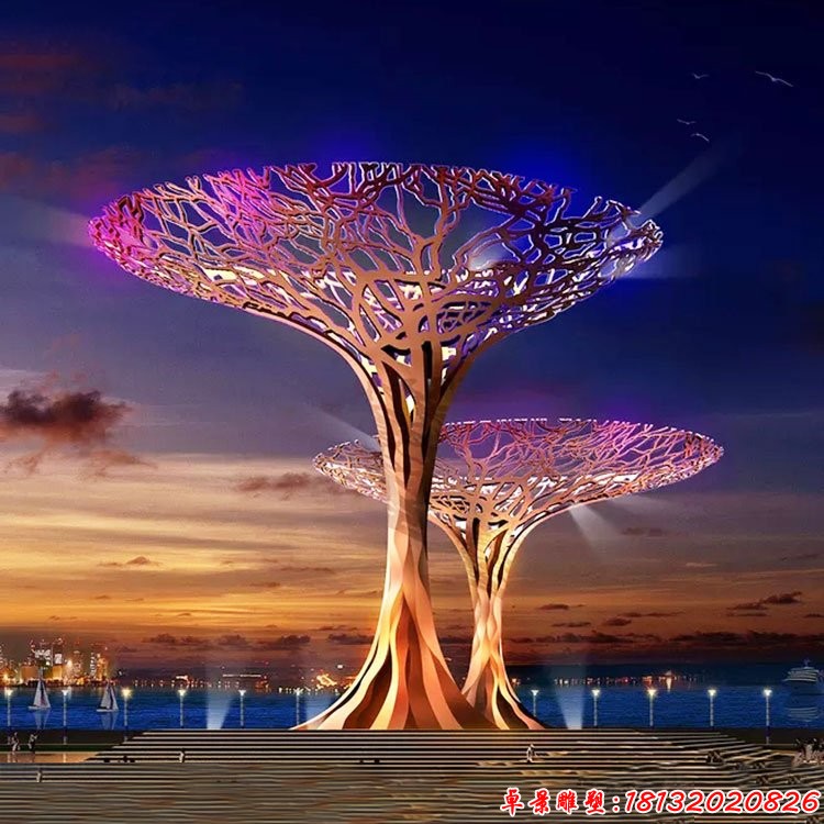 景區(qū)不銹鋼鏤空發(fā)光大樹雕塑