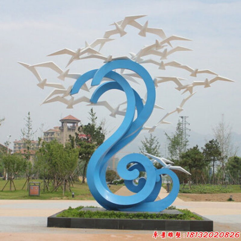 不銹鋼抽象海鷗海浪，海邊景觀雕塑 (2)