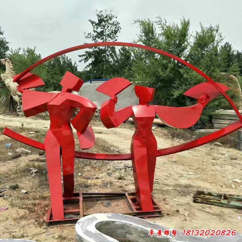 不銹鋼抽象跳扇子舞的人物雕塑，公園景觀擺件