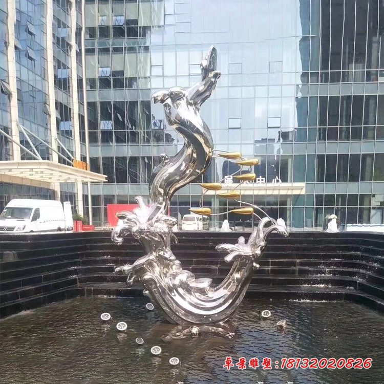 不銹鋼抽象浪花魚(yú)群雕塑
