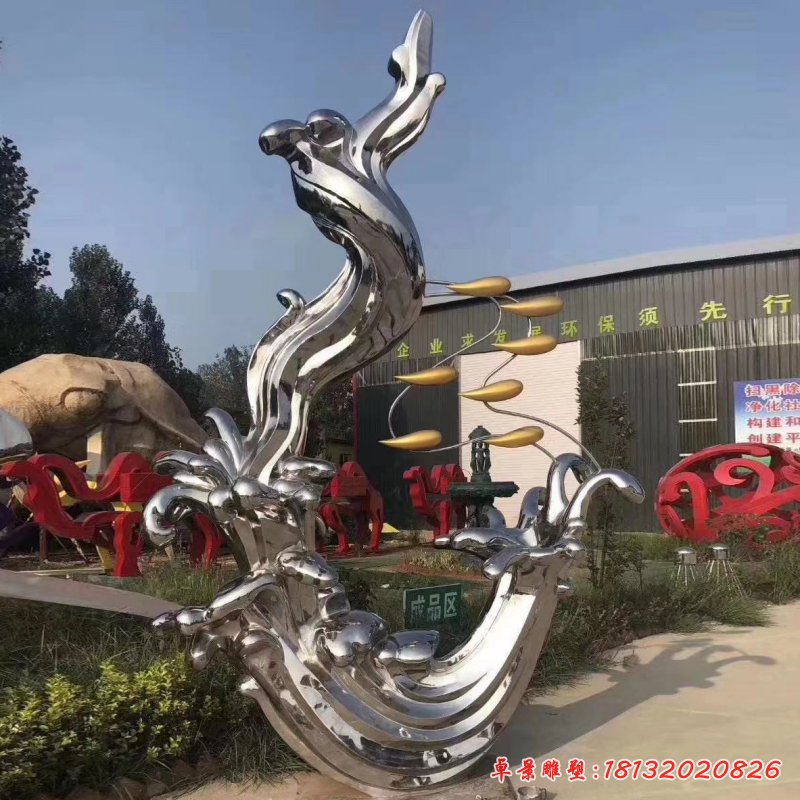 鏡面不銹鋼抽象浪花魚群雕塑 (2)