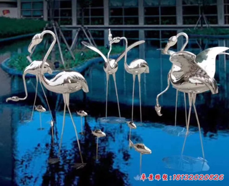 酒店水池火烈鳥不銹鋼雕塑